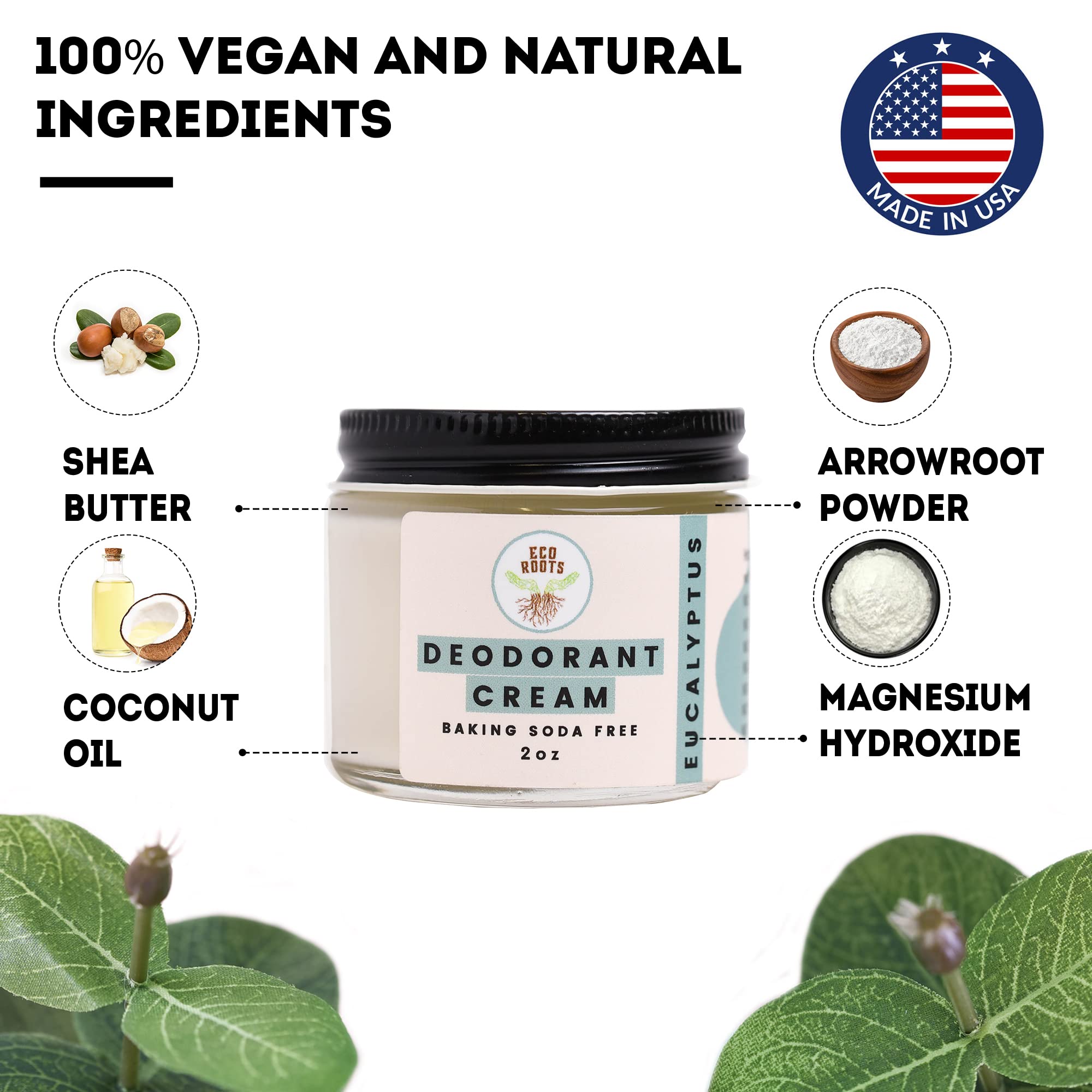 ECO ROOTS vegan ingredients underline a cruelty-free deodorant option.