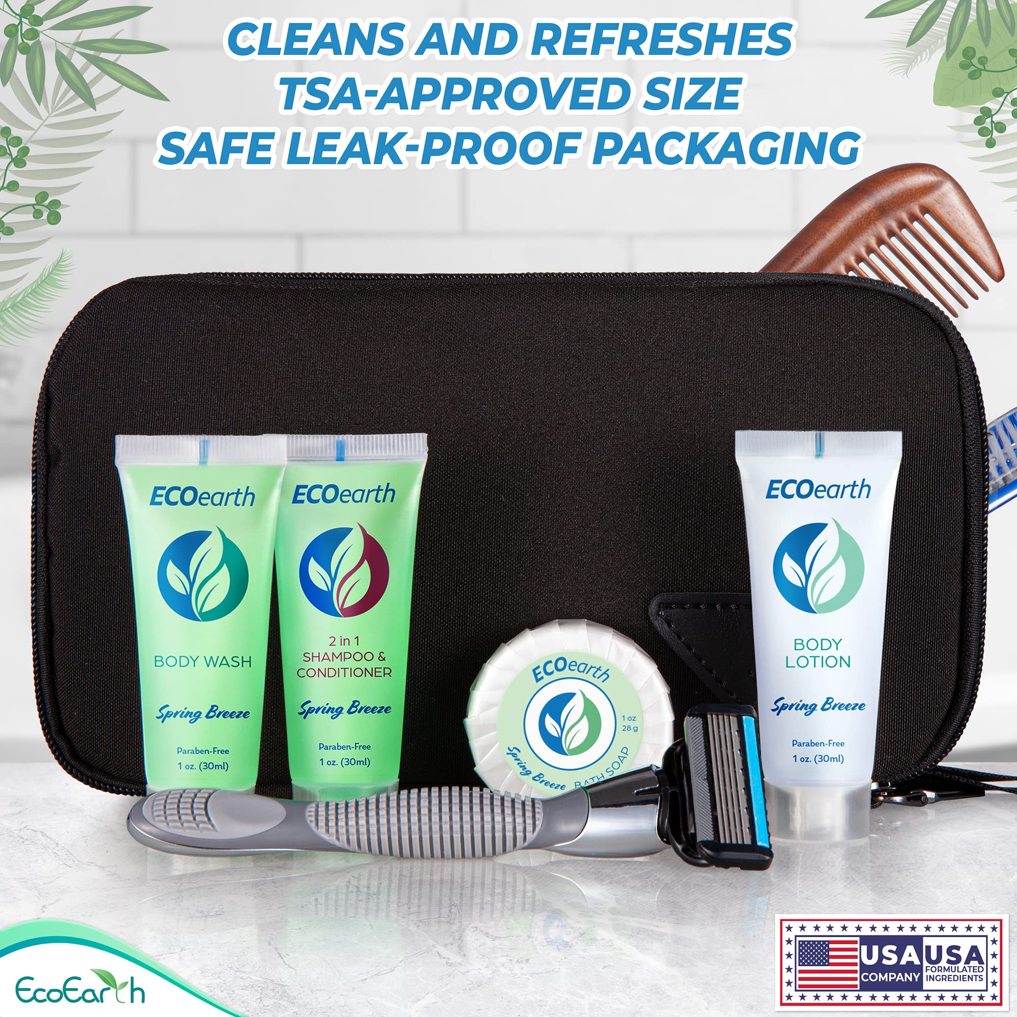 EcoEarth hotel amenities display with bulk 2-in-1 products.