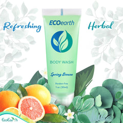 Hotel bathroom amenities set featuring EcoEarth travel-size bottles for guest comfort