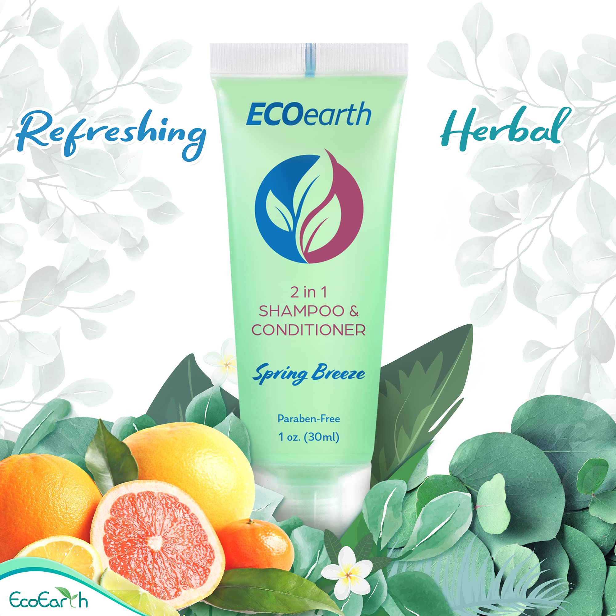 Leak-proof travel cap on EcoEarth 1 oz shampoo-conditioner bottle.
