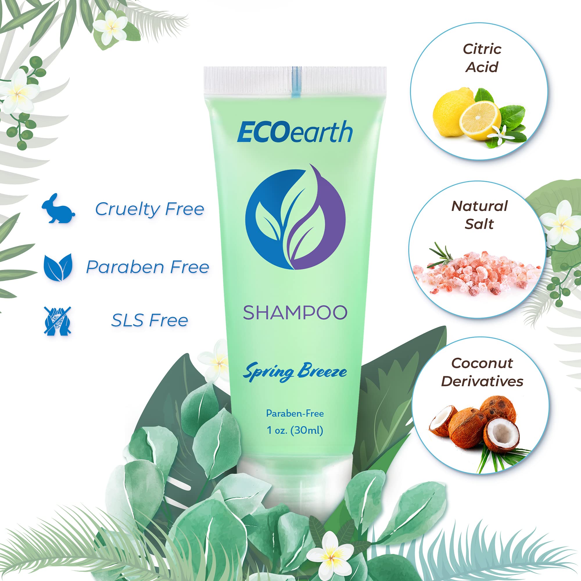EcoEarth Spring Breeze shampoo bottle in a compact travel kit for guests.
