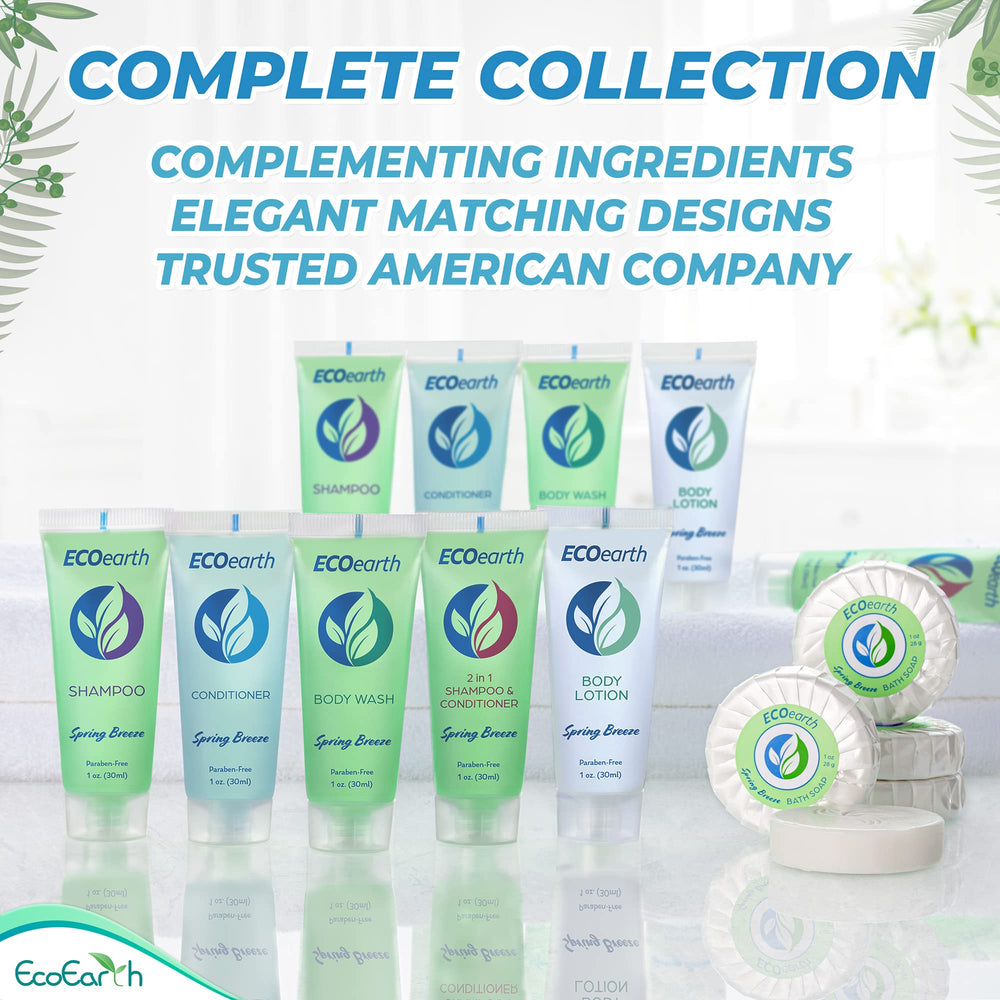 EcoEarth travel-size lotion on hotel shelf with other amenities.