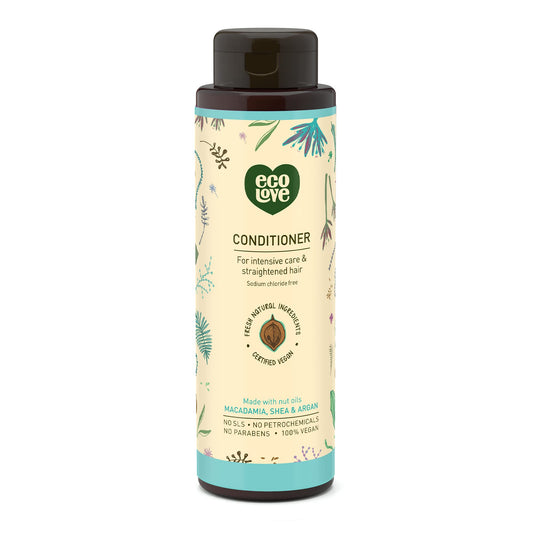 ecoLove deep-conditioning ingredients highlight natural oils and herbs for hydrated, frizz-resistant hair.