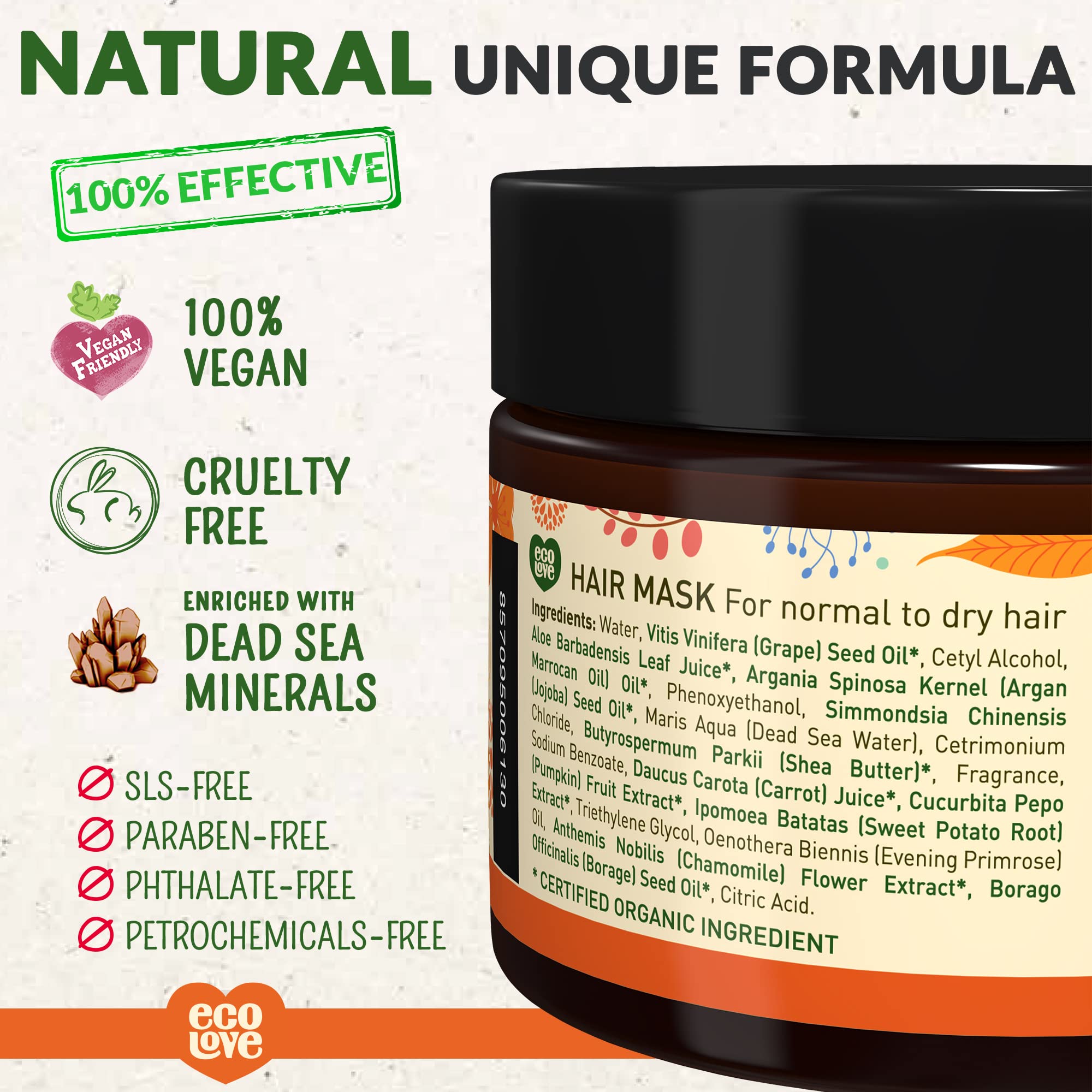 EcoLove Hair Mask carrot extract highlights vitamin-rich conditioning for strengthened strands.