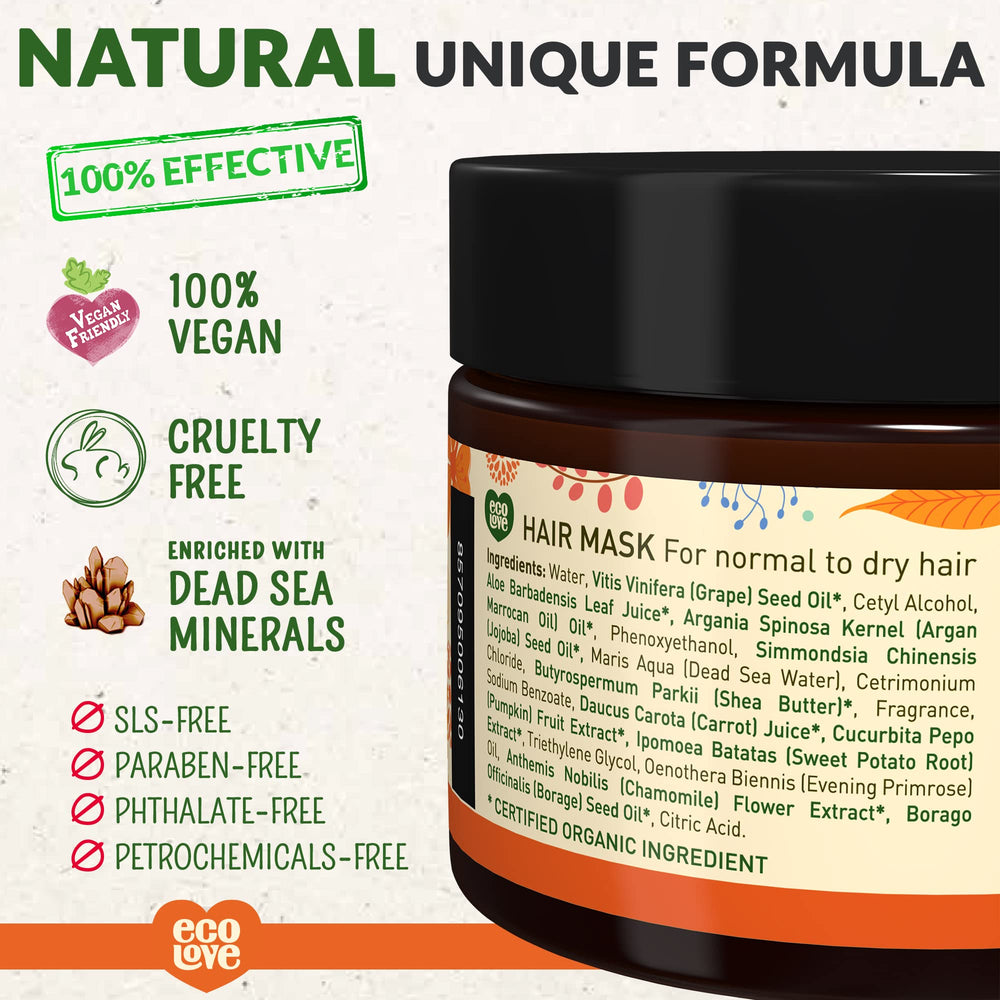 EcoLove Hair Mask carrot extract highlights vitamin-rich conditioning for strengthened strands.