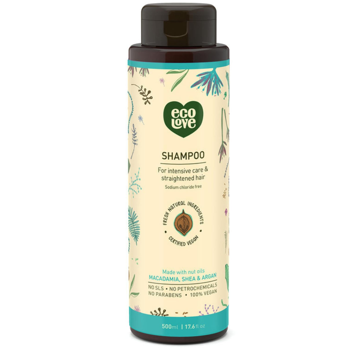 ecoLove natural shampoo bottle on wooden shelf emphasizing sulfate-free care for all hair types