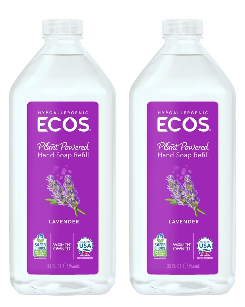 ECOS Lavender Hand Soap Refill 2-pack bottle highlights eco-friendly packaging and plant-based cleansing for daily use.