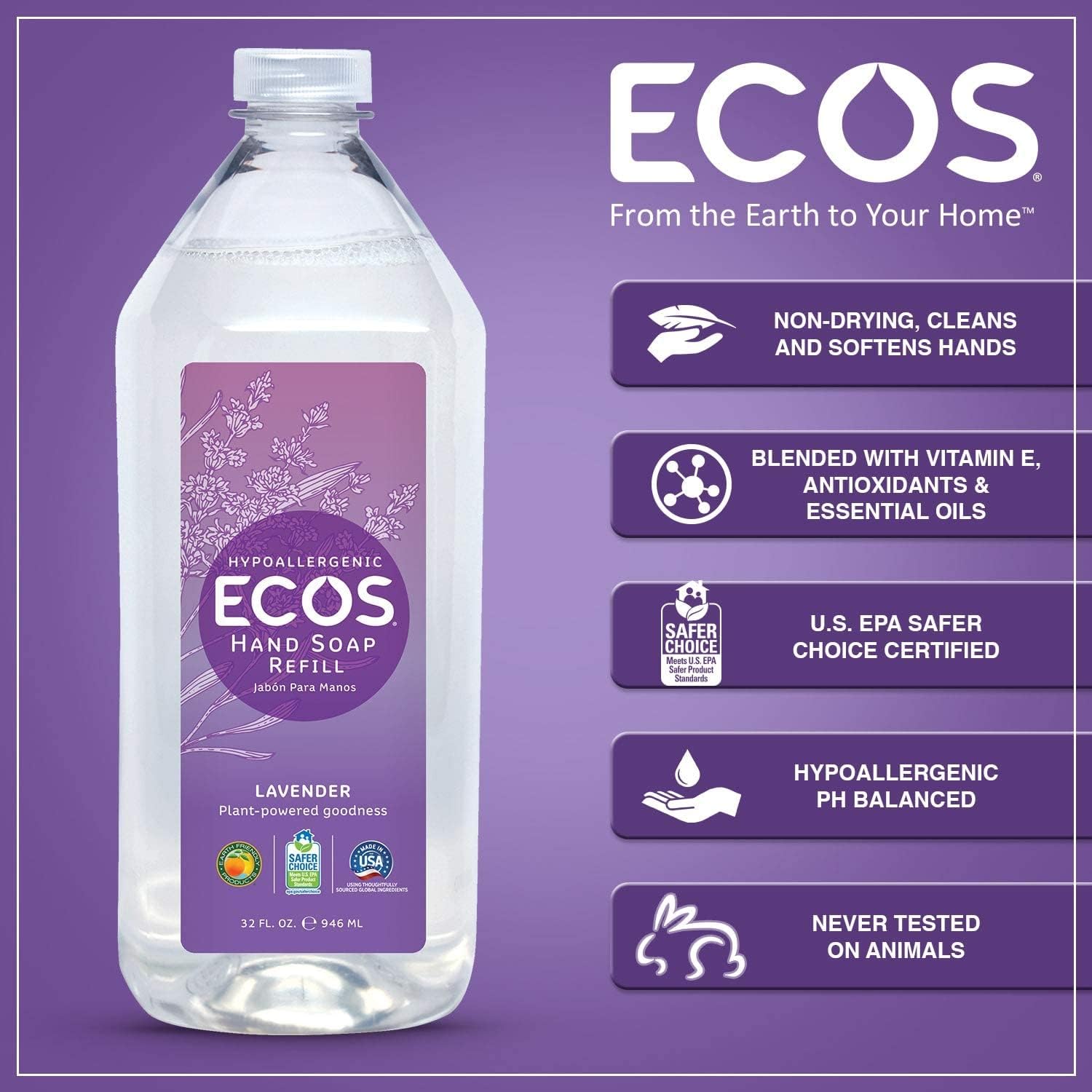 ECOS Lavender Hand Soap Refill bottle-side view showcases compact design for home dispensers.