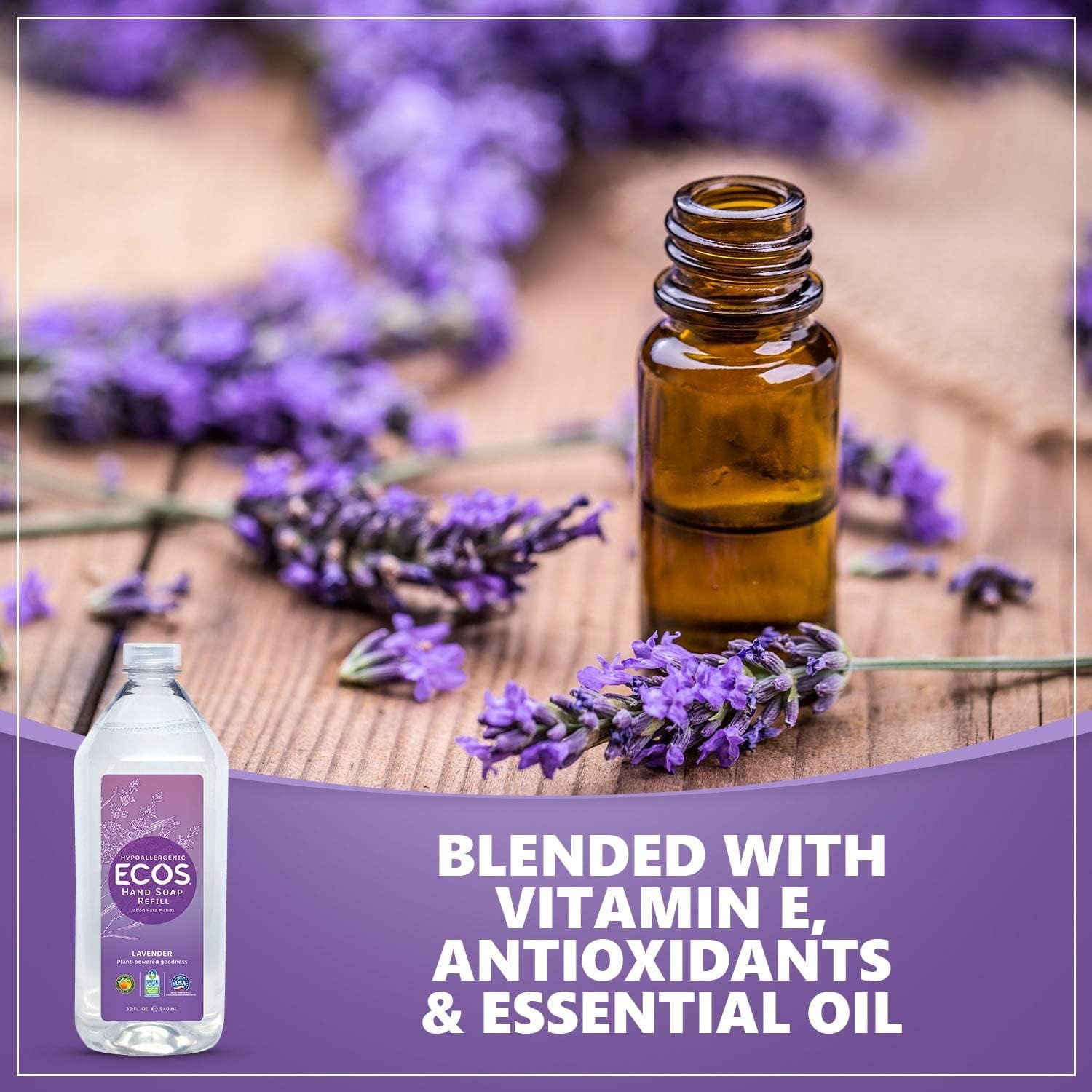 ECOS Lavender Hand Soap Refill label emphasizes recyclable packaging and plant-based, skin-nourishing formula.
