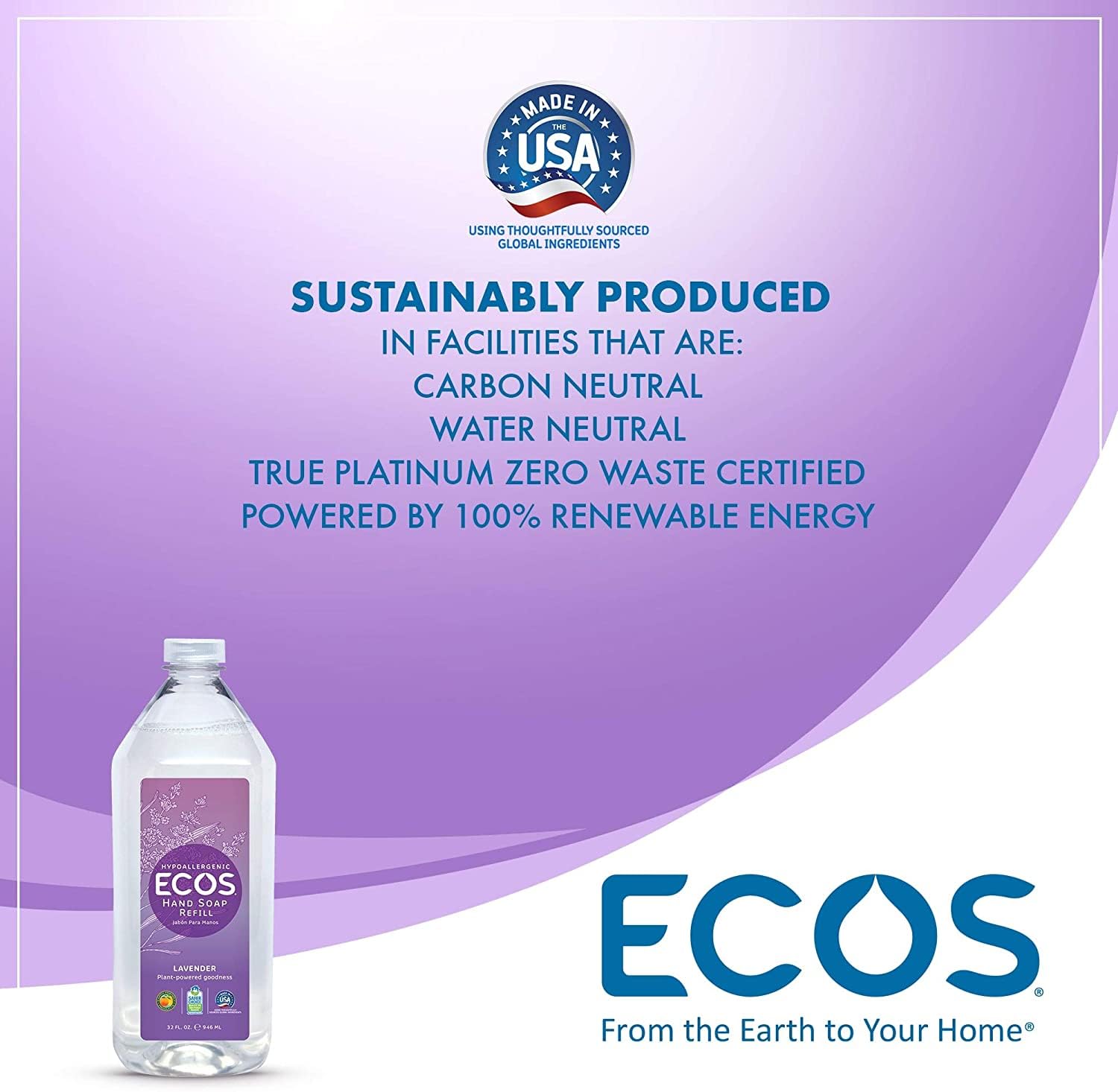 ECOS Lavender Hand Soap Refill recycling symbol emphasizes sustainable choices for everyday care.