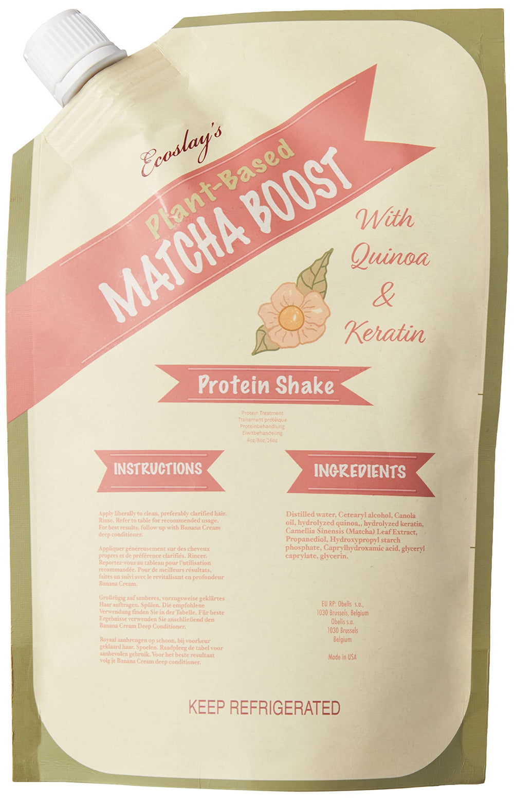 Ecoslay Matcha Boost bottle reinforces hair with quinoa and keratin for stronger strands.