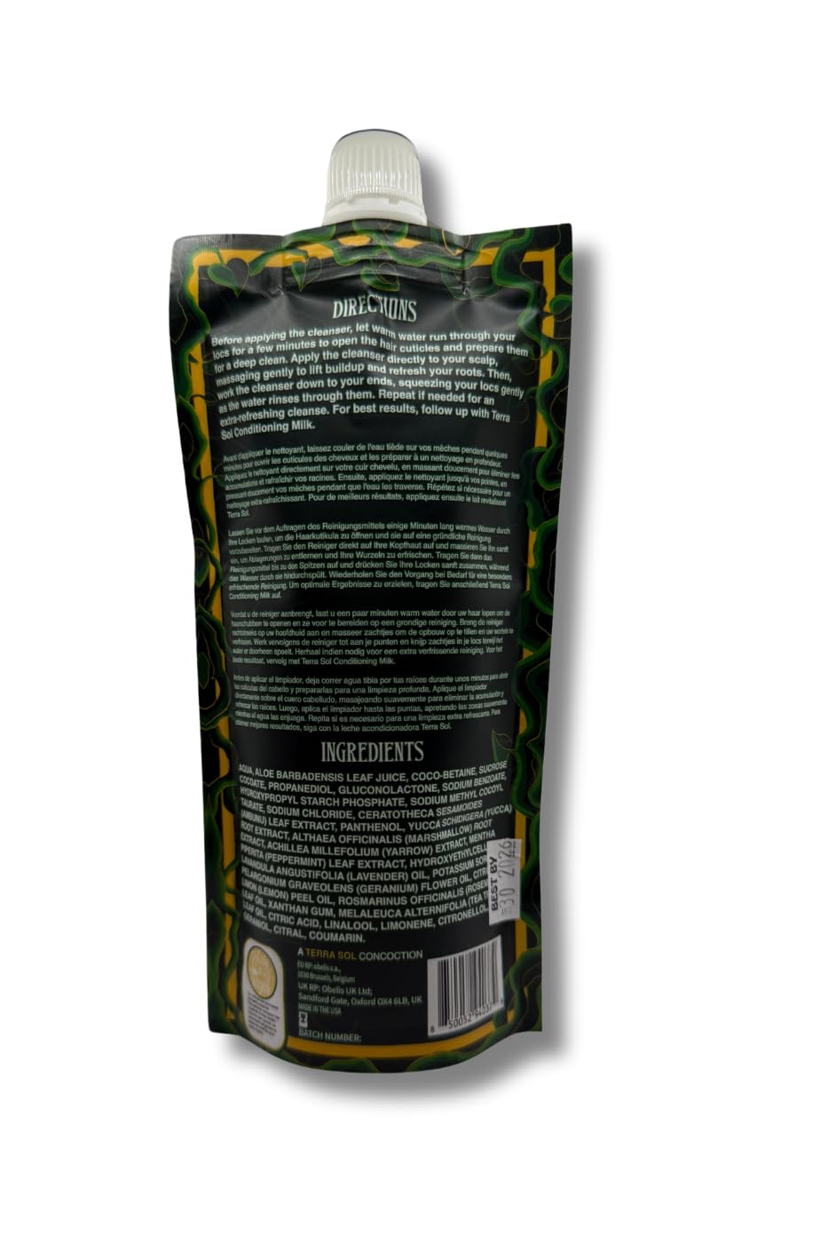 Ecoslay Terra Sol ingredients marshmallow yarrow label closeup communicates nourishment
