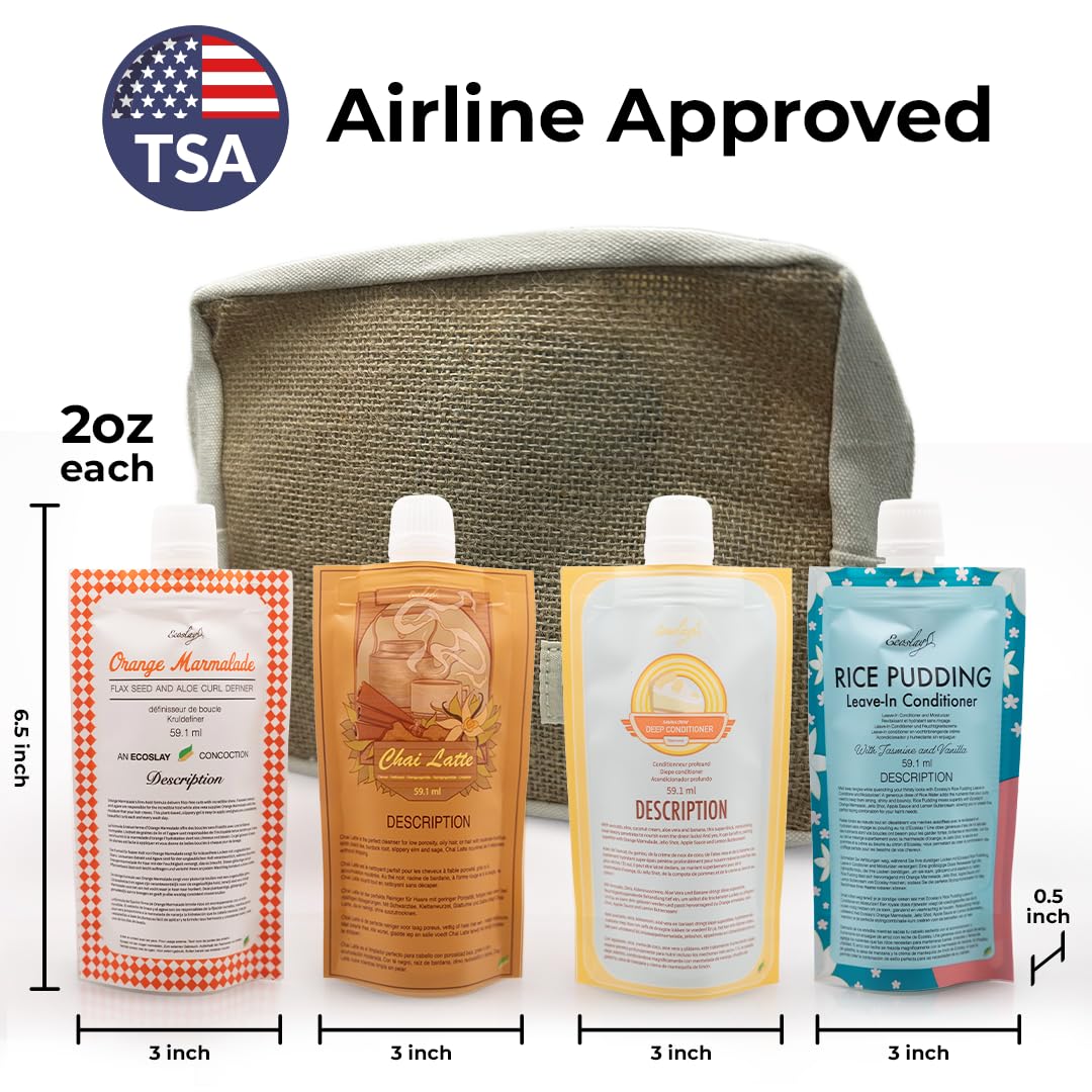 Ecoslay TSA travel label kit illustrating security-friendly curl care on the road
