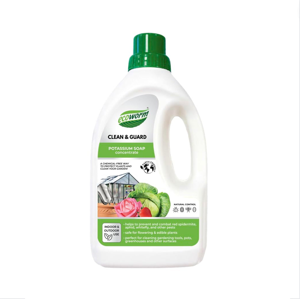 Ecoworm Potassium Soap Concentrate bottle for eco-friendly garden cleaning and plant care.