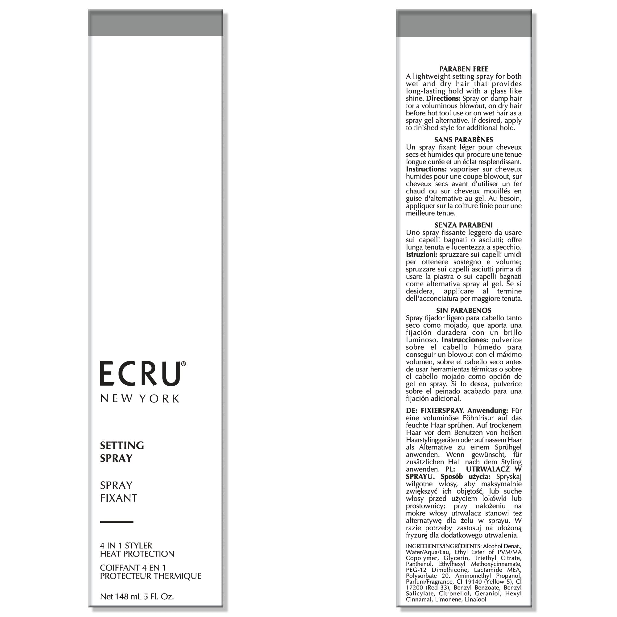 ECRU New York Setting Spray mist on hair showing heat protection in styling.
