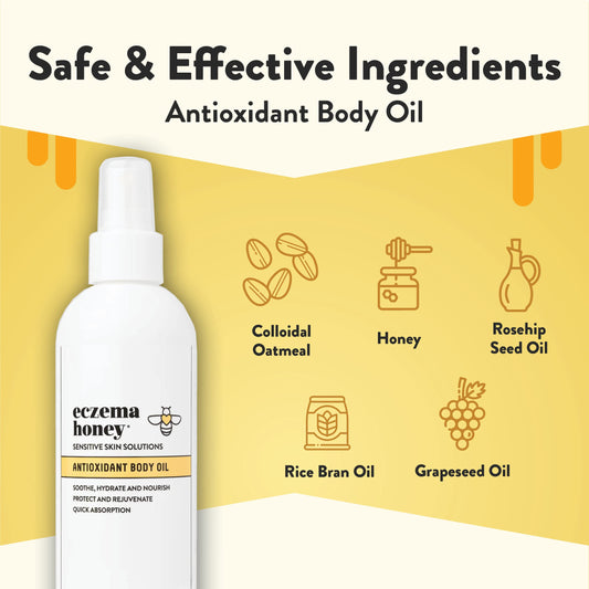 ECZEMA HONEY antioxidant body oil label shows unscented formula and skin-friendly ingredients