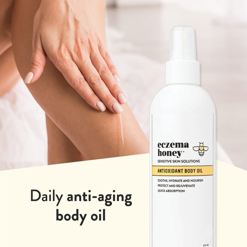 ECZEMA HONEY antioxidant body oil packaging emphasizes unscented, dermatologist-tested care