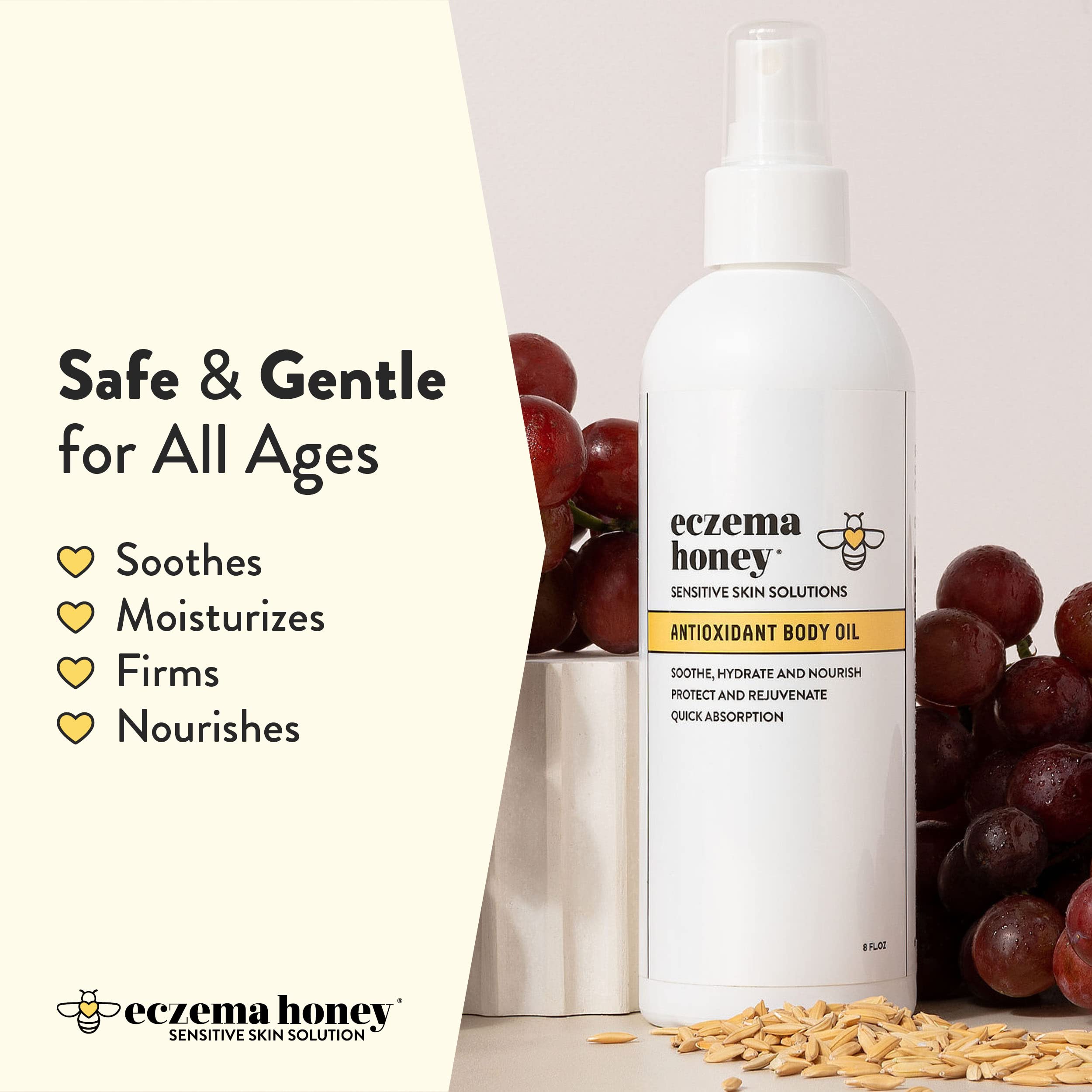 ECZEMA HONEY antioxidant body oil texture close-up highlights silky, non-greasy finish