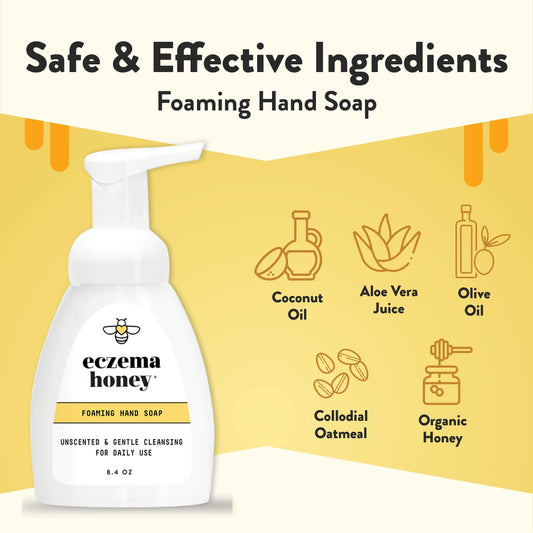 Eczema Honey hand soap bottle close-up highlighting unscented formula