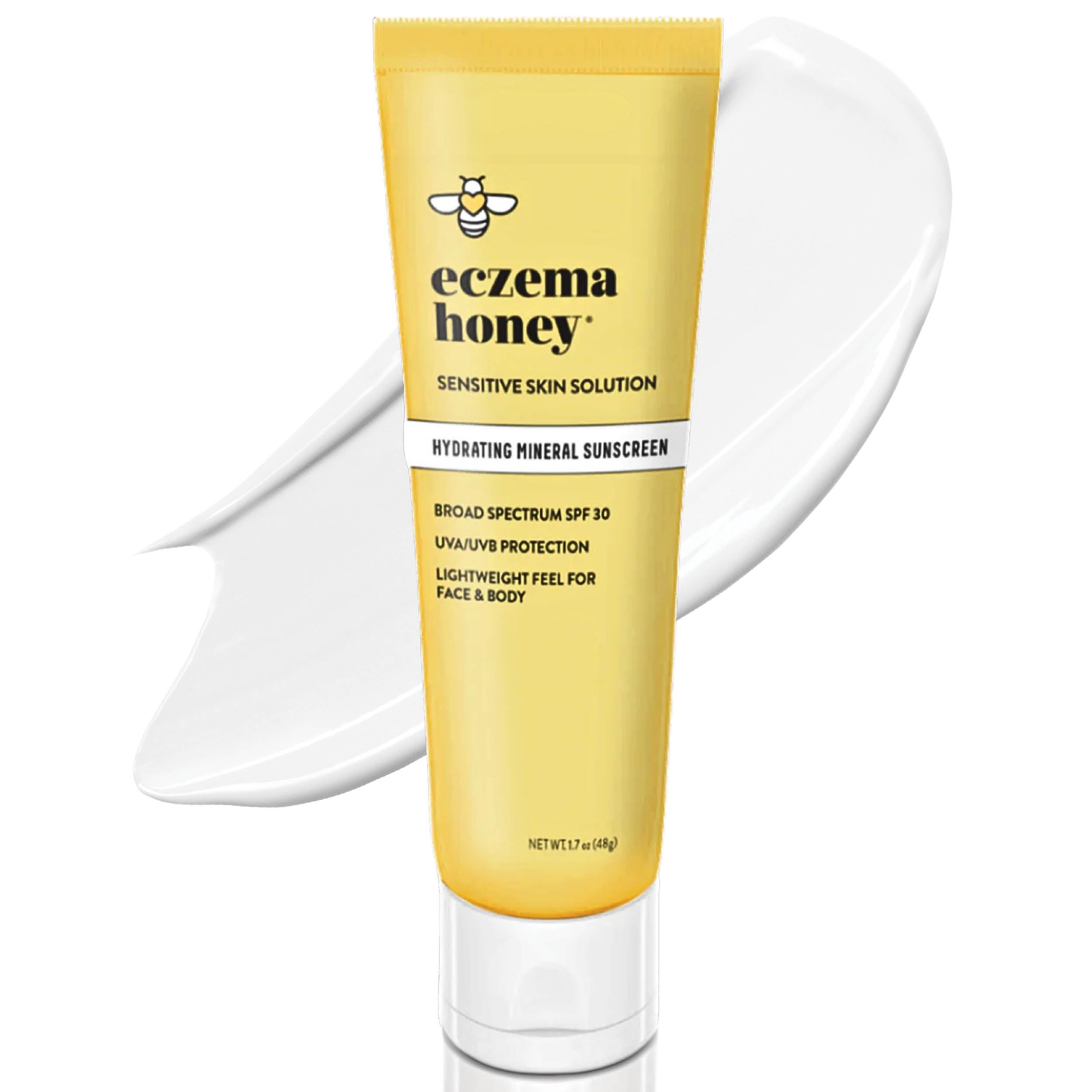 Eczema Honey Hydrating Mineral Sunscreen bottle closeup showing gentle SPF protection for sensitive skin