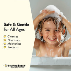 ECZEMA HONEY Nourishing Shampoo label close-up shows natural ingredients for sensitive skin.