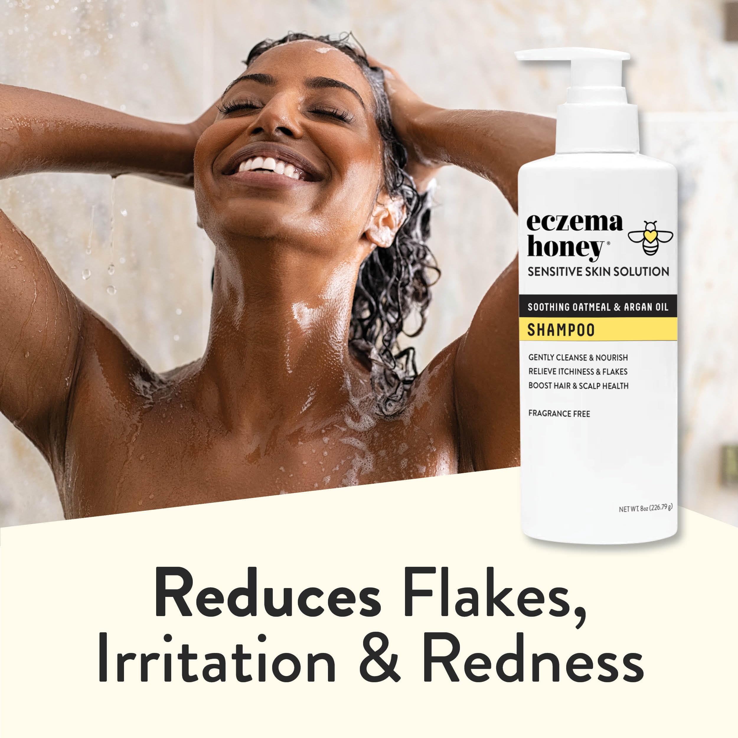 ECZEMA HONEY Nourishing Shampoo packaging highlights argan oil hydration benefits.