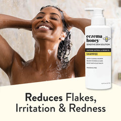 ECZEMA HONEY Nourishing Shampoo packaging highlights argan oil hydration benefits.