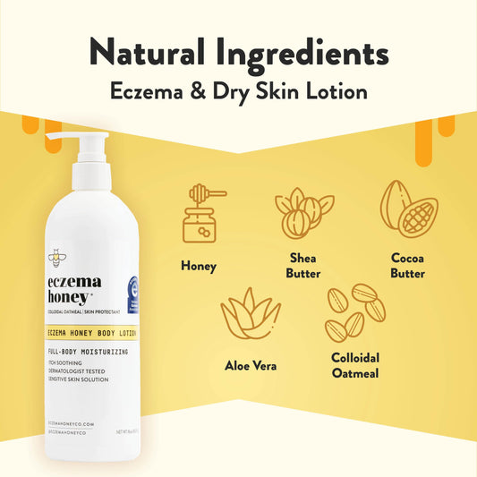 ECZEMA HONEY oatmeal body lotion jar closeup highlights natural ingredients for dry skin care