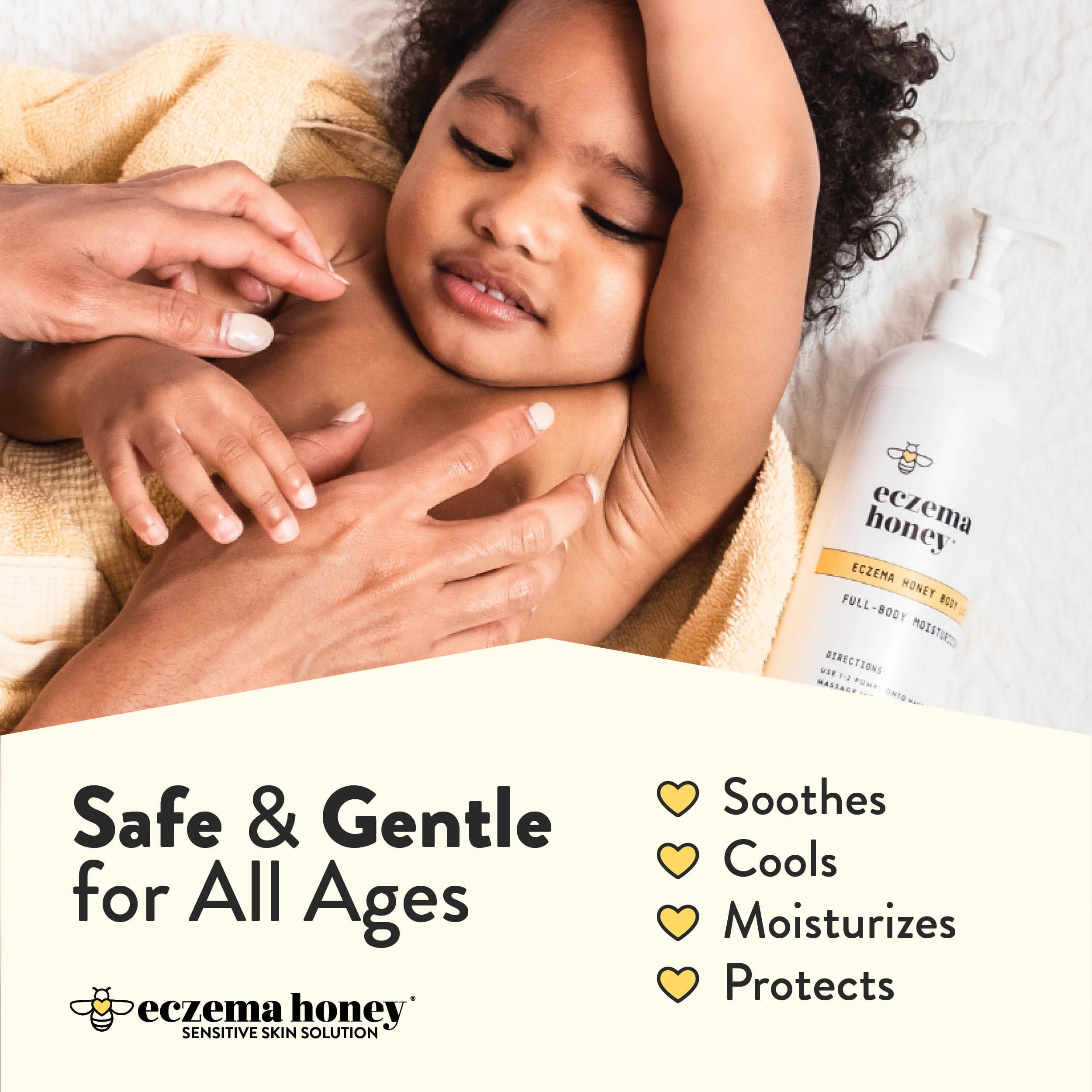 ECZEMA HONEY oatmeal body lotion label emphasizes safety and dermatologist testing