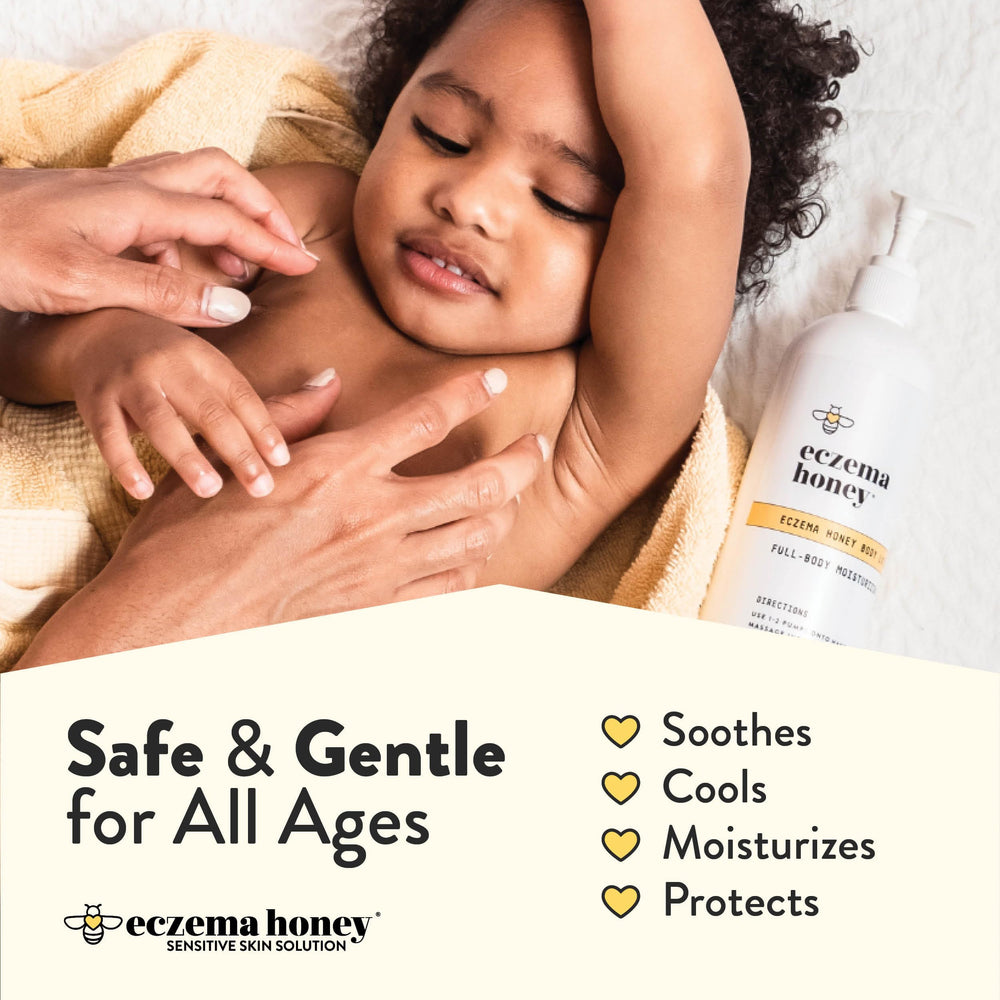 ECZEMA HONEY oatmeal body lotion label emphasizes safety and dermatologist testing