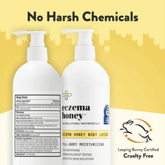 ECZEMA HONEY oatmeal body lotion packaging scene conveys family-friendly eczema care