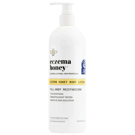 ECZEMA HONEY oatmeal body lotion pump bottle shows soothing hydration in action