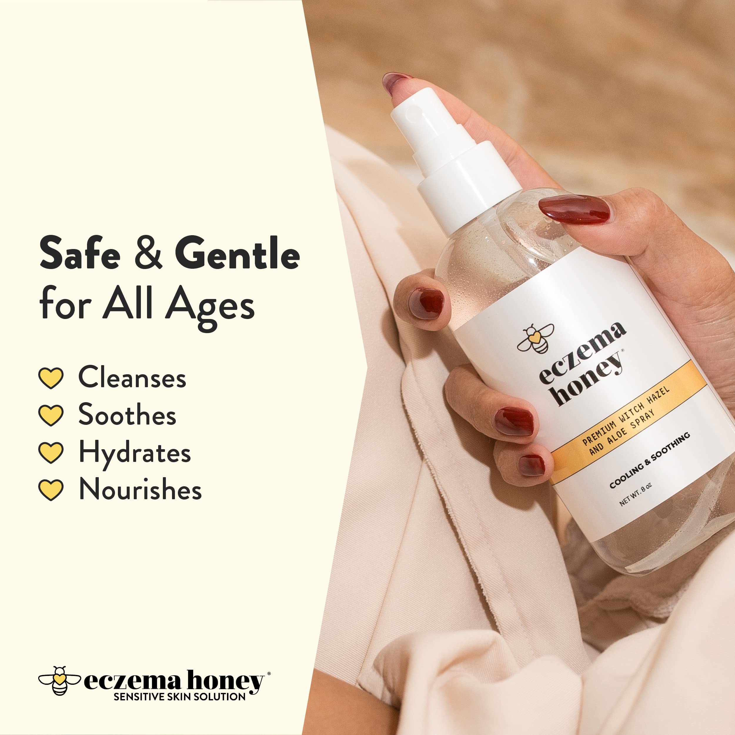 Eczema Honey Premium Witch Hazel Aloe Spray close-up shows colloidal oatmeal for soothing irritation.