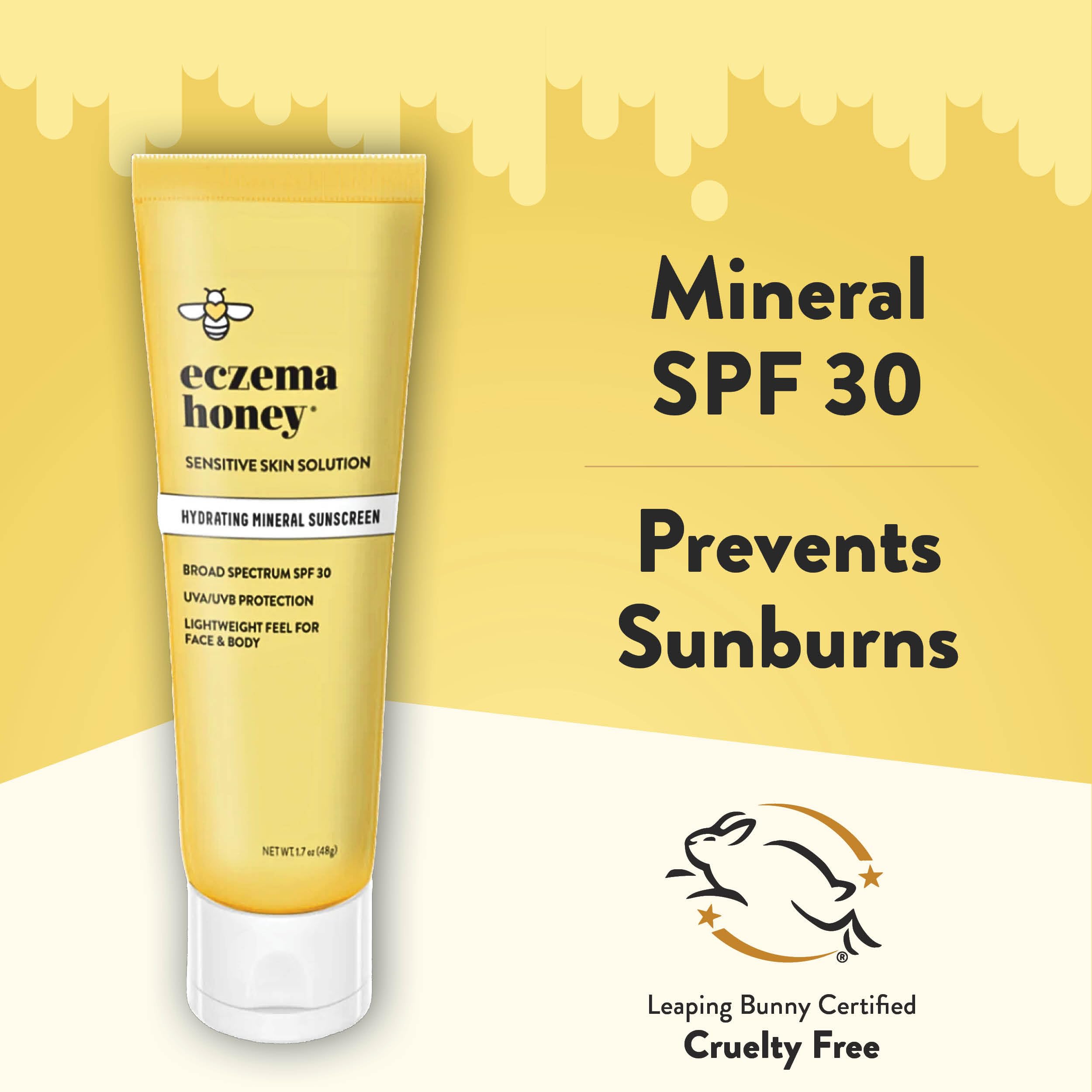 Eczema Honey Hydrating Mineral Sunscreen packaging with SPF 30 for travel