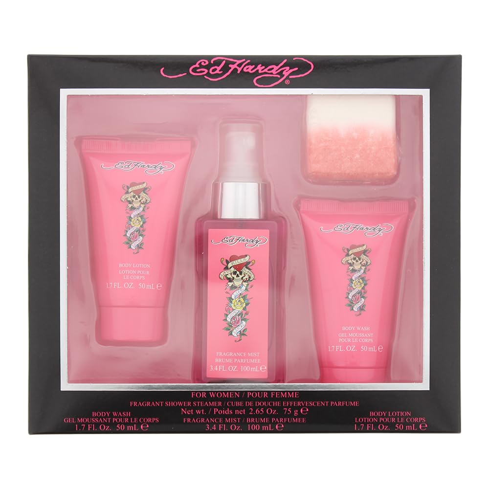 ED HARDY body mist in 4-piece gift set for long-lasting daily fragrance.