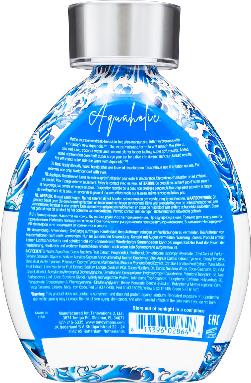 ED HARDY Aquaholic Coconut Surge label close-up highlighting DHA-free bronzer and Aqua Kiss fragrance