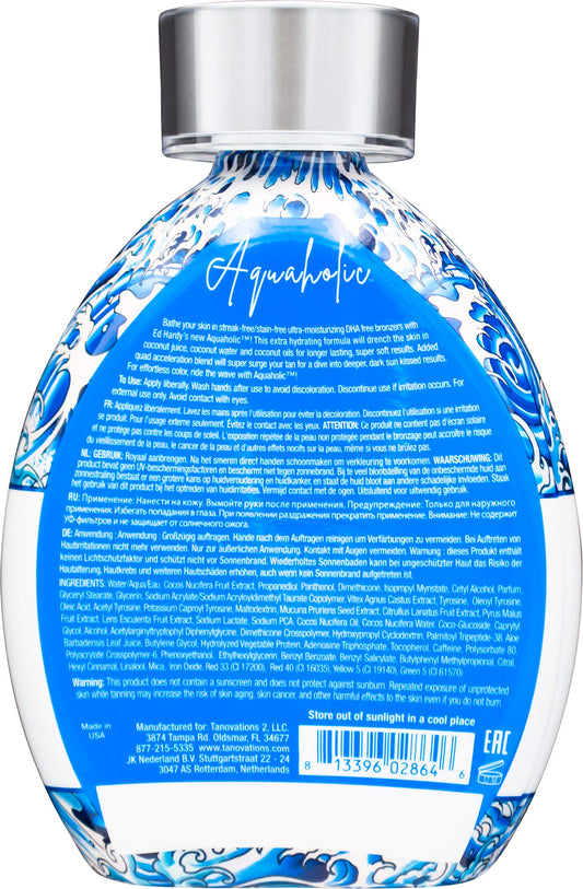 ED HARDY Aquaholic Coconut Surge label close-up highlighting DHA-free bronzer and Aqua Kiss fragrance