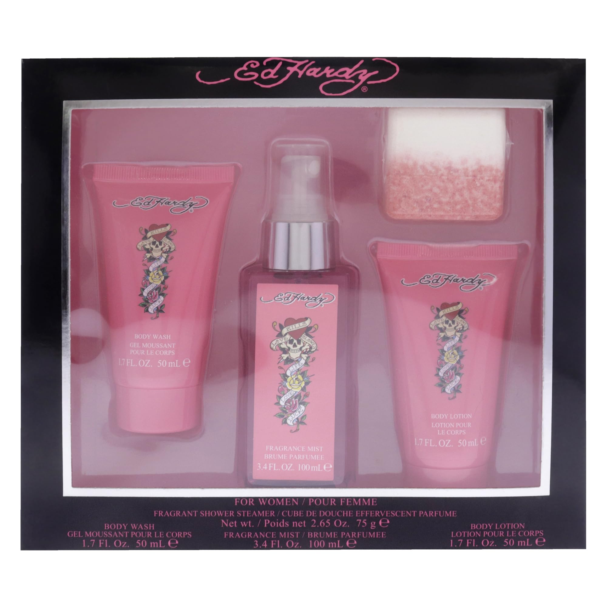 Notes of mango and freesia highlighted in the ED HARDY set for fragrance.