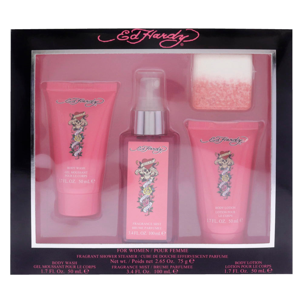 Notes of mango and freesia highlighted in the ED HARDY set for fragrance.
