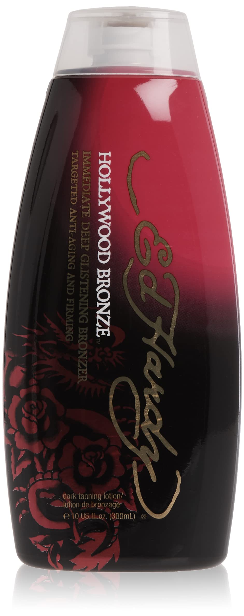 ED HARDY Hollywood Bronze tanning lotion bottle front promises radiant glow.