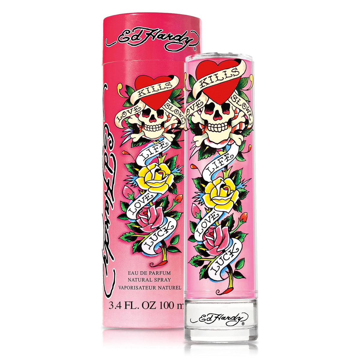 Ed Hardy EdP bottle front view highlighting the amber glow for evening wear.