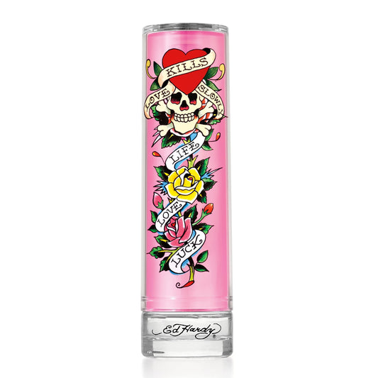 Ed Hardy EdP bottle close-up showing fruity notes like mango and strawberry.