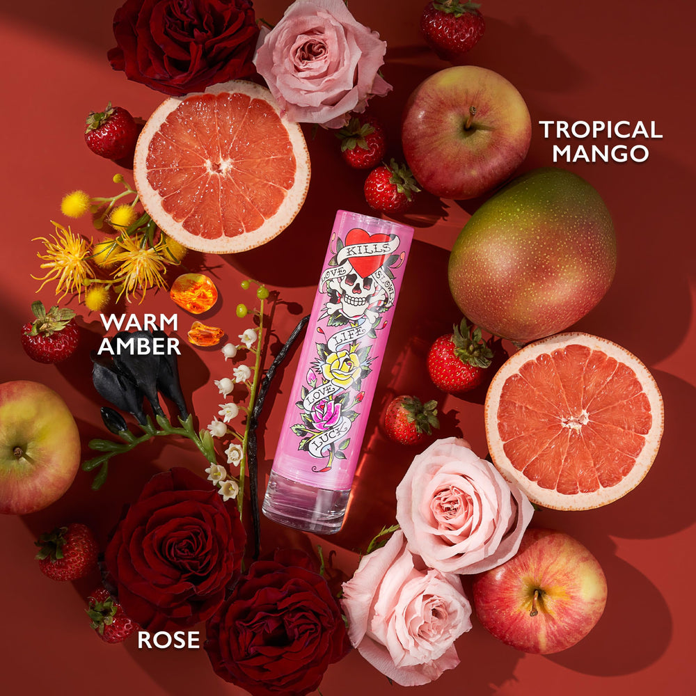 Ed Hardy EDP fragrance amber note close-up emphasizing amber and depth.