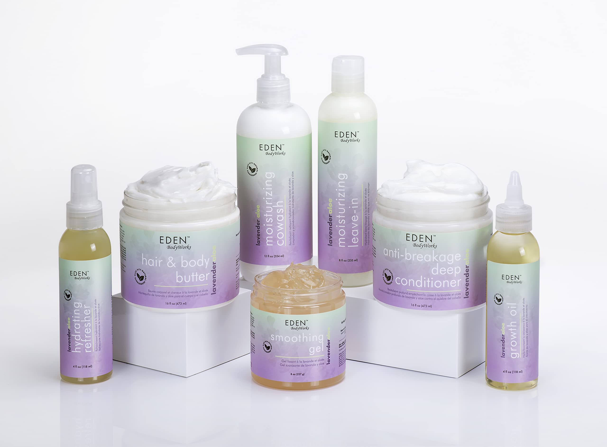 Damp hair and lavender bloom beside EDEN BodyWorks Butter for everyday care.