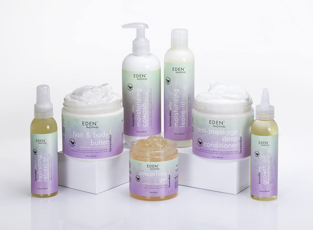 Damp hair and lavender bloom beside EDEN BodyWorks Butter for everyday care.