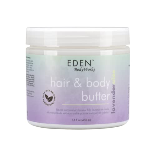 EDEN BodyWorks Lavender Aloe Hair + Body Butter jar on wood supports hydration for hair and skin.