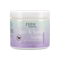 EDEN BodyWorks Lavender Aloe Hair + Body Butter jar on wood supports hydration for hair and skin.