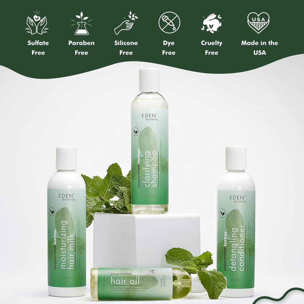 8oz EDEN BodyWorks Peppermint Tea Tree Shampoo bottle ready for use.