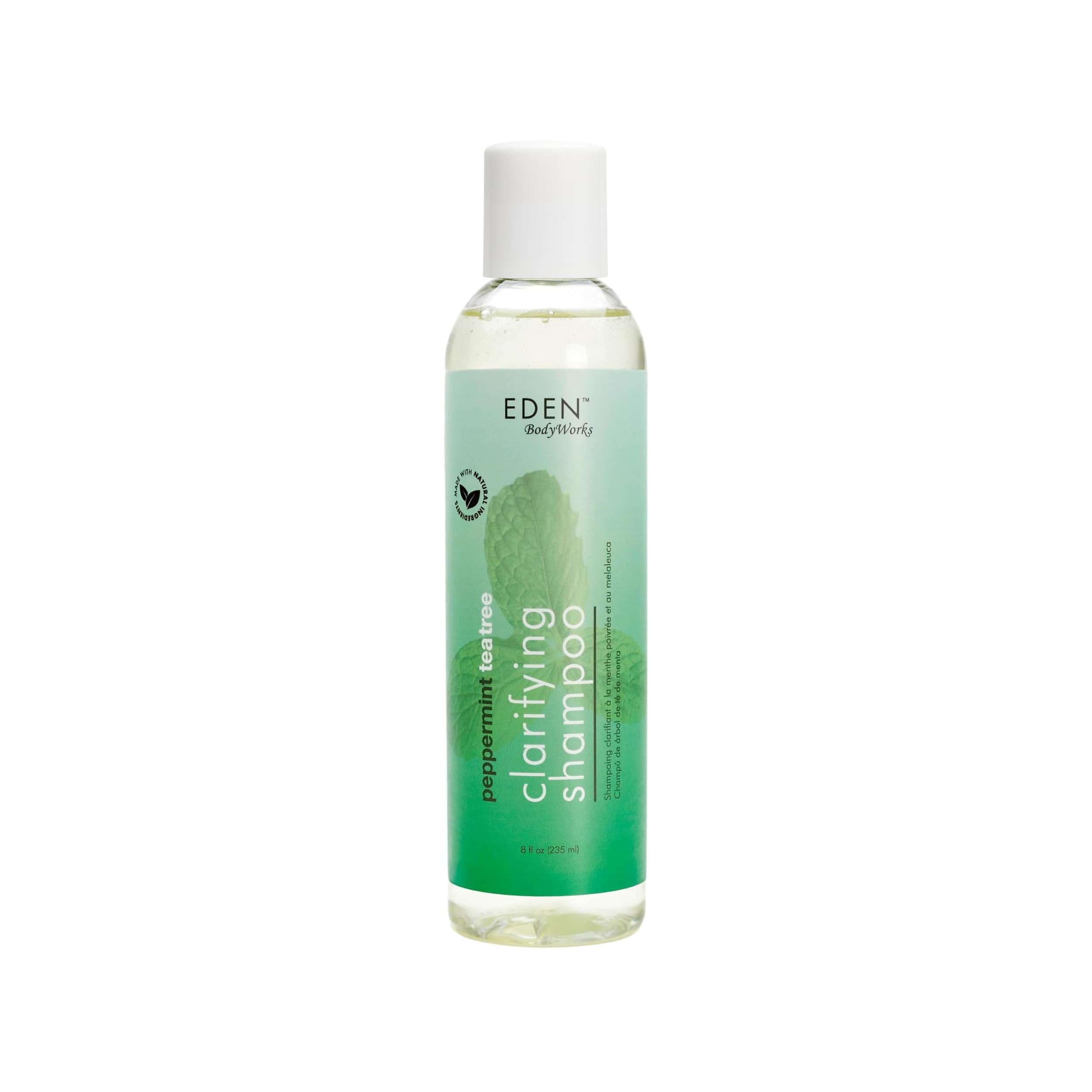 EDEN BodyWorks Peppermint Tea Tree Shampoo bottle shows refreshing cleansing for scalp and hair.