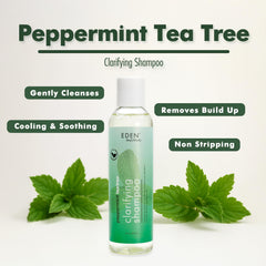 Ingredients closeup for EDEN BodyWorks Peppermint Tea Tree Shampoo with tea tree and peppermint oils.